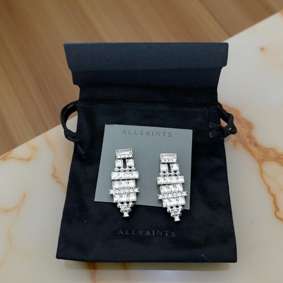 ALLSAINTS Rhodium,high quality,sparkling,statement earrings crystal 2 inch & box - Picture 4 of 6
